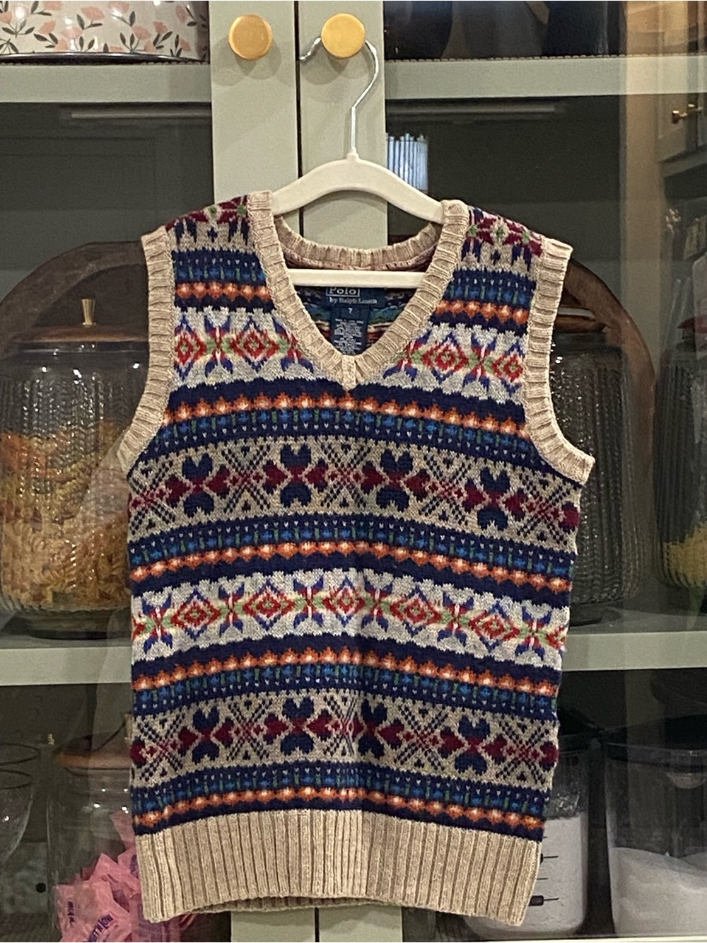 Polo by Ralph Lauren Multicolor Fair Isle Knit Vest with Beige Trim